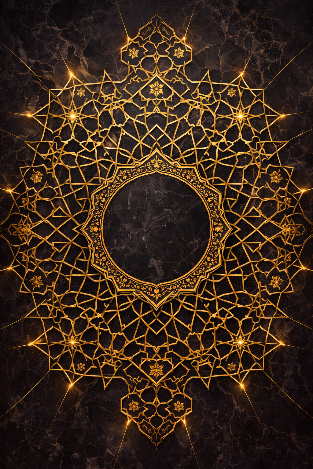 Gold Islamic geometric star patterns radiating on dark marble background — premium calligraphy frame wallpaper